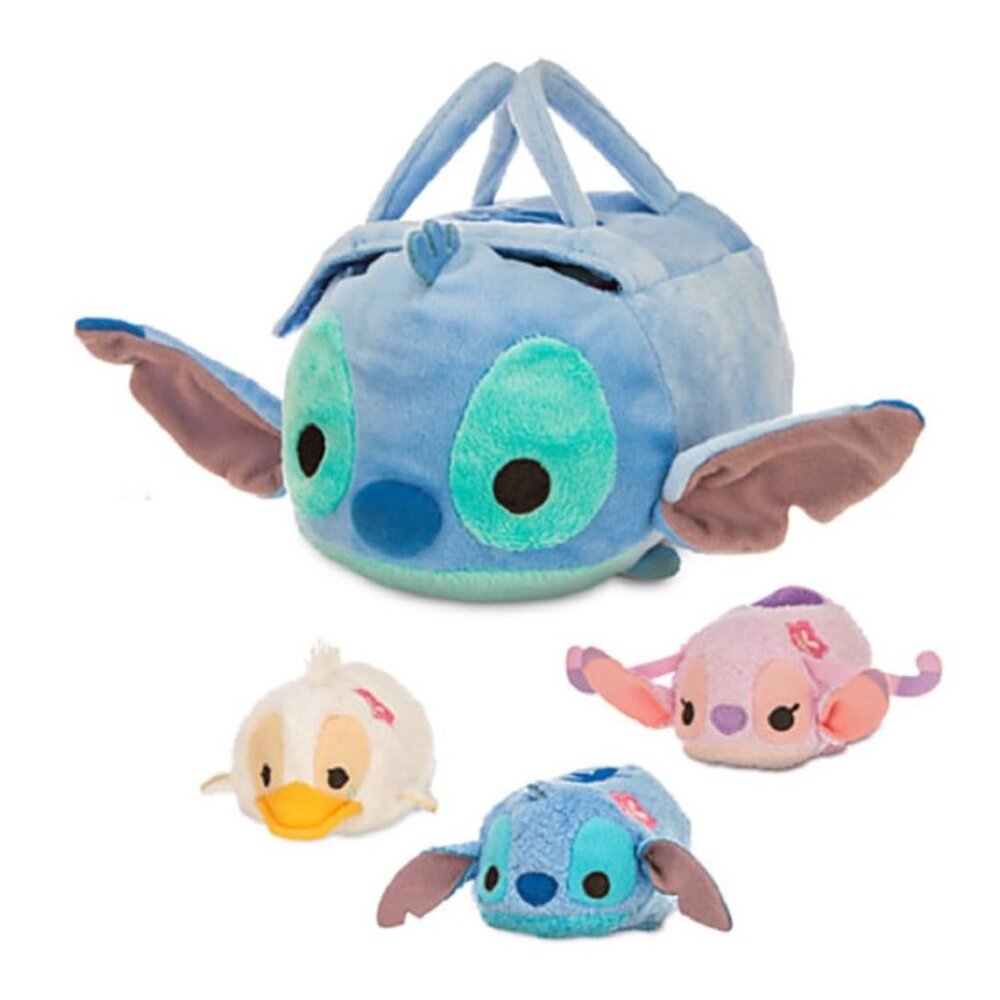 Vintage Disney Stitch Tsum Tsum Plush Set, Small Bag 8" Bag and 3 Stuffies